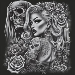 Attractive Woman Skull Chicano Art Clipart, 19 JPGs, Day of the Dead, Chola Chicana