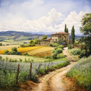 Italiaans platteland clipart, 20 hoge kwaliteit JPG's, Toscaanse landschappen, Europees platteland, platteland illustratie Europese landschappen kunst
