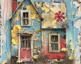 32 Whimsical Homes Printable Art Images, Digital Download Clipart, Quirky Digital Paper Mixed Media Farm Houses Junk Journal Art Card Making