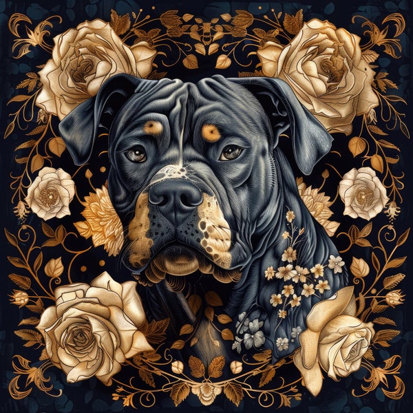 Floral Pitbull Dogs Clipart, 12 High Quality JPGs | 300 DPI Digital Prints | Digital Download, Wall Art, Mugs, Scrapbook, Commercial Use