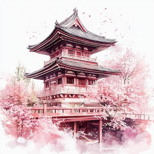 Schattige Japanse tempelclipart | 22 jpg's met hoge resolutie, digitale kunst kersenbloesempagode | Aziatische architectuurillustraties | 300 dpi