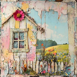 Images d'art imprimables maisons fantaisistes, clipart en téléchargement numérique, papier numérique original technique mixte ferme maisons Junk Journal Art carterie