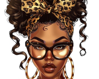 Black Woman Afro PNG: Leopard Bow, Messy Bun (Digital Download)