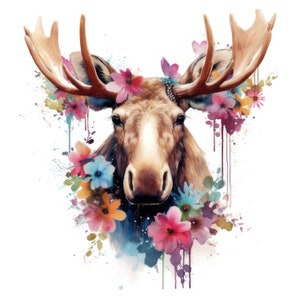 Clipart de alce fofo com flores, 10 JPGs de alta qualidade | Alta resolução | 300 DPI | Download digital instantâneo, uso pessoal e comercial