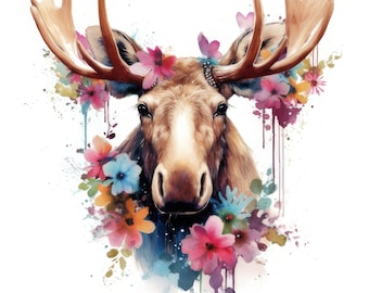 Cute Moose with Flowers Clipart, 10 High Quality JPGs | High Resolution | 300 DPI | Instant Digital Download, Personal & Commercial Use