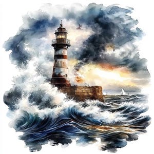 Clipart Stormy Lighthouse | 16 Moody Ocean Watercolor JPGs | 300 DPI Digital Download for Wall Art, Journals, Invitations & Crafts