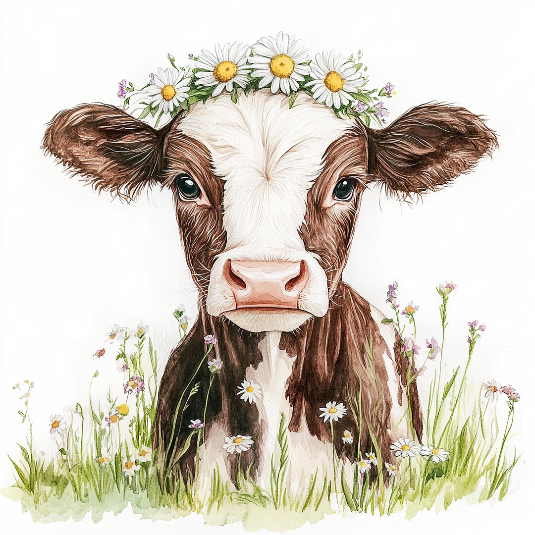Cute Floral Baby Cow Clipart | 19 Watercolor Jpgs | 300 DPI Farm Animal ...
