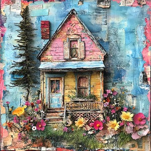13 maisons fantaisistes Images d'art imprimables, téléchargement numérique des cliparts, papier numérique original technique mixte ferme maisons indésirable Journal d'art carterie