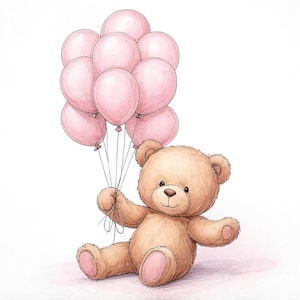 May include: A watercolor illustration of a teddy bear holding a bunch of pink balloons. The bear is light brown with pink accents on its paws and ears. The balloons are a soft pink color, and the image has a whimsical, childlike feel.
