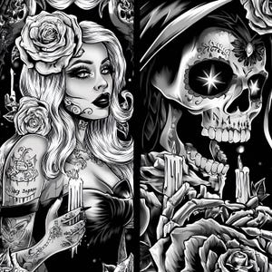 Attractive Woman Skull Chicano Art Clipart, 15 JPGs, Day of the Dead, Chola Chicana