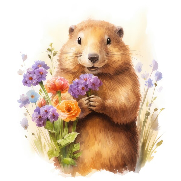 Groundhog with Flowers Clipart - 14 High Quality JPGs - Digital Download - Card Making, Mixed Media, Digital Paper Craft 300 DPI Watercolor