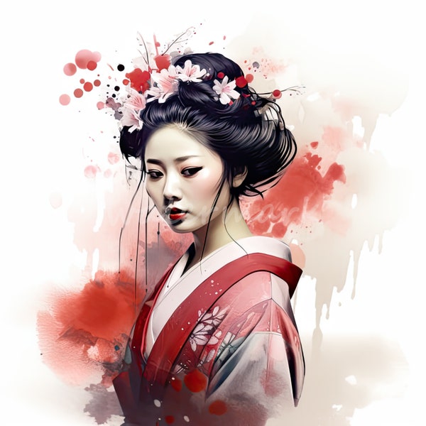 Japanese Geisha Clipart - 11 High Quality JPGs - Digital Paper Crafting, Digital Planner, Apparel, Watercolor - Digital Download