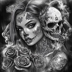 15 Tag der Toten Sugar Skull Kunstdrucke | Tattoo-Stil Calavera Frau Clipart | Hochauflösende 4098x4098 JPGs