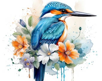 5 Cute Kingfisher PNGs, Bird Clipart, Watercolor Kingfisher Flowers PNG, Bird Flower Png, Floral Bird Png, Digital Download, Digital Print