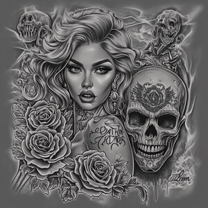 Attraktive Frau Schädel Chicano Art Clipart, 15 hochwertige JPGs, mexikanischer Tag der Toten, Chola Chicana Kartenherstellung, Clip Art