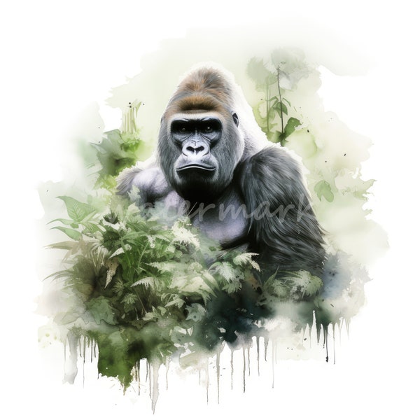 Watercolor Mountain Gorilla, 14 High Quality JPGs, watercolor ape, watercolor animal, wildlife, gorilla JPG, wildlife art, printables