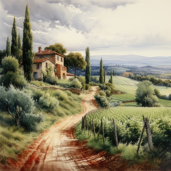 Italian Countryside Clipart, 20 High Quality JPGs, Tuscan Landscapes, European Countryside, Countryside Illustration European Landscapes Art