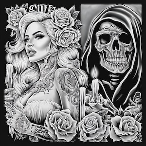Attractive Woman Skull Chicano Art Clipart, 15 JPGs, Day of the Dead, Chola Chicana