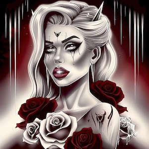 Chicano Tattoo Art: Attractive Woman with Roses (Digital JPGs)