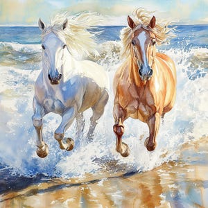 Imágenes prediseñadas de caballos corriendo en la playa / 12 archivos JPG en acuarela / 300 DPI Arte de caballos costeros para sublimación, impresiones, manualidades y decoración