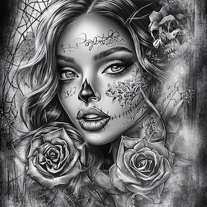 Attraktive Frau Schädel Chicano Art Clipart, 15 hochwertige JPGs, mexikanischer Tag der Toten, Chola Chicana Kartenherstellung, Clip Art