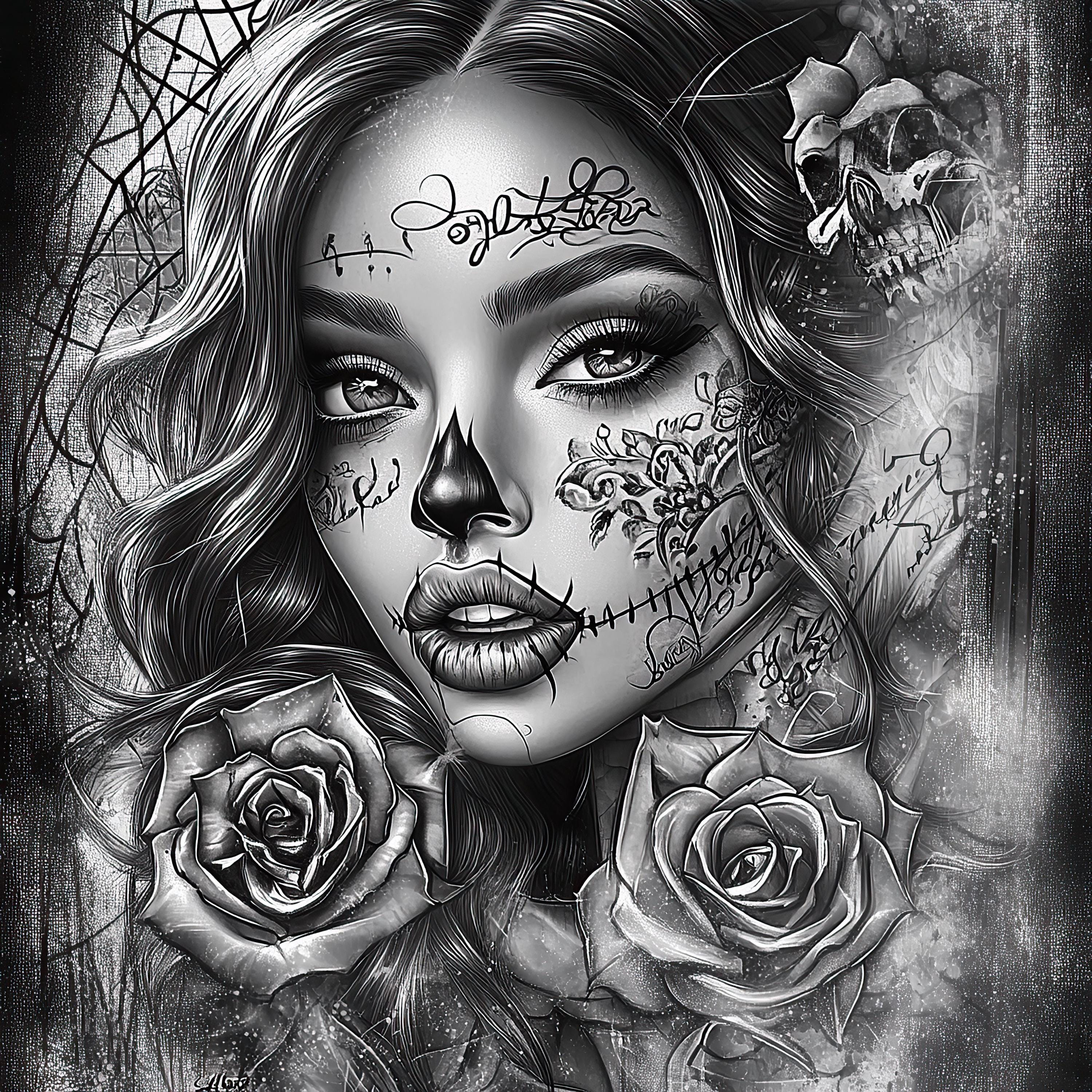 Attractive Woman Skull Chicano Art Clipart, 15 High Quality JPGs, Mexican Art Day of the Dead, Chola Chicana Card Making, Clip Art