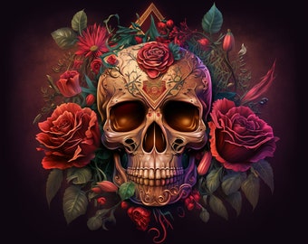 May include: A detailed illustration of a skull surrounded by red roses and greenery. The skull has intricate gold-colored designs and large eye sockets. The background is a dark, moody burgundy.