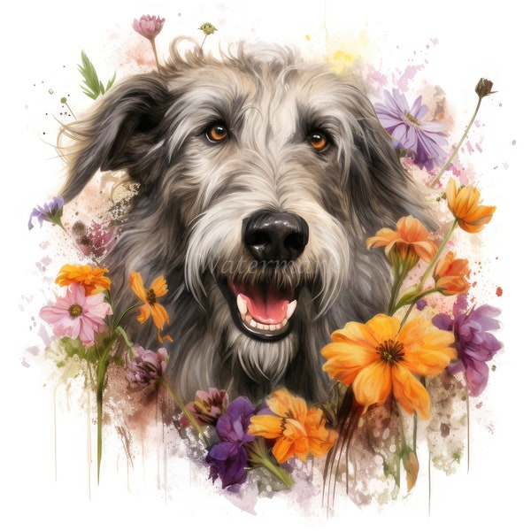 Irish Wolfhound Dog with Flowers Clipart, 12 High Quality JPGs, Junk Journals, 300 DPI, Digital Download, Watercolor, Commercial Use