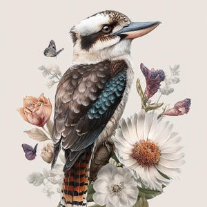 Puede incluir: Ilustración detallada de un kookaburra posado en una rama, rodeado de flores y mariposas. El ave tiene plumas marrones, blancas y turquesas, con un pico largo. Las flores son blancas, melocotón y moradas, con hojas verdes.
