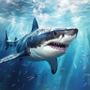 Clipart de grande tubarão branco no oceano, 12 JPGs de alta qualidade, impressões digitais de 300 DPI, download digital, arte de parede, canecas, álbum de recortes, uso comercial