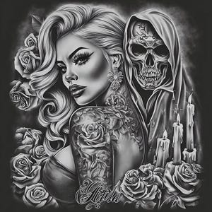 Attractive Woman Skull Chicano Art Clipart, 19 JPGs, Day of the Dead, Chola Chicana