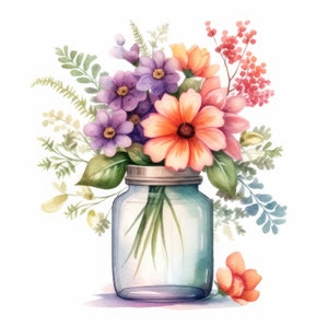 13 Vase de fleurs Clipart JPGs, Téléchargement numérique d’images de haute qualité - Fabrication de cartes, Mixed Media, Digital Paper Craft Flowers Watercolor