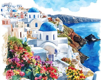ギリシャの旅（水彩画） サントリーニ島ギリシャ クリップアート バンドル: 旅行アート、エーゲ