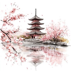 21 Clipart di templi giapponesi ad acquerello / Arte digitale di pagoda di ciliegi in fiore / Illustrazioni di architettura asiatica / JPG ad alta risoluzione a 300 DPI