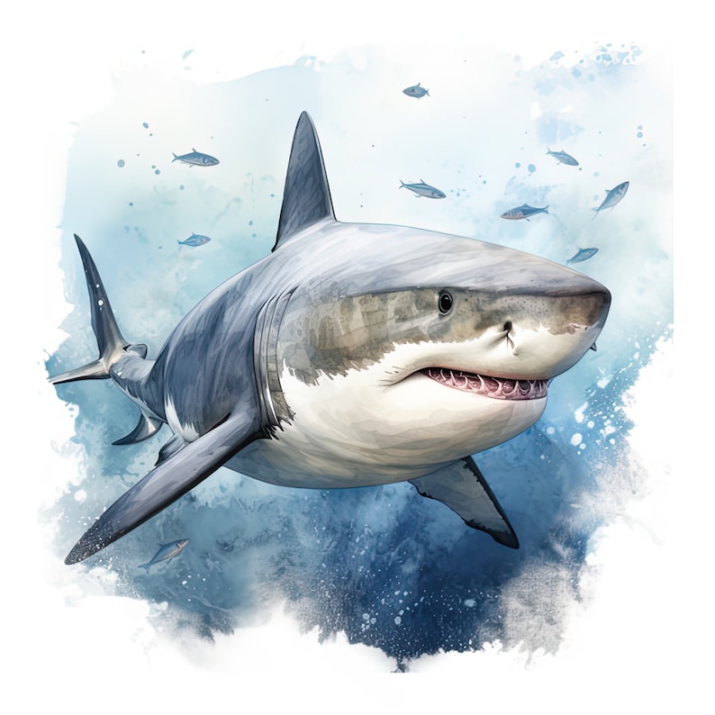 May include: A watercolor painting of a great white shark swimming in the ocean. The shark is white with a gray back and has a large, open mouth with sharp teeth. The water is a light blue color with white splashes of paint.