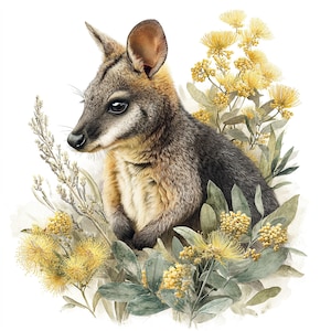 15 Australian Animals Clipart with Kookaburra, Wallaby & Echidna, Golden Wattle + Hakea Flowers JPGs