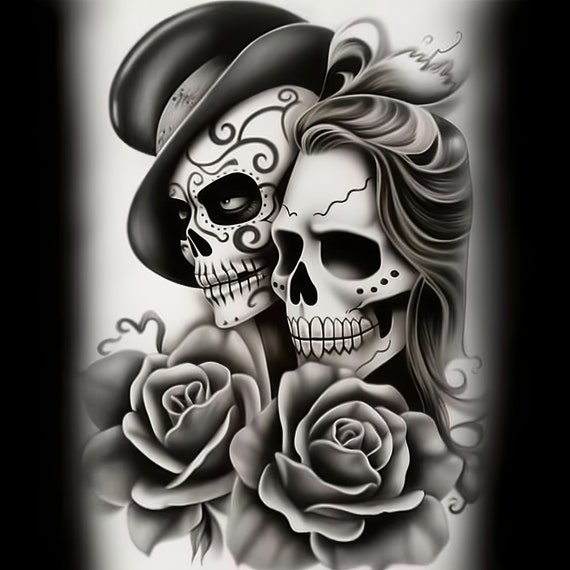 Day of the Dead Skull Couple Art | Chicano Style Jpgs (digital