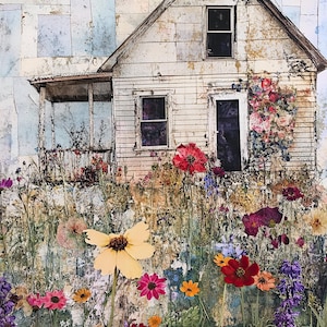 Images d'art imprimables maisons fantaisistes, clipart en téléchargement numérique, maison de ferme technique mixte papier numérique original | Création de cartes artistiques pour journal indésirable
