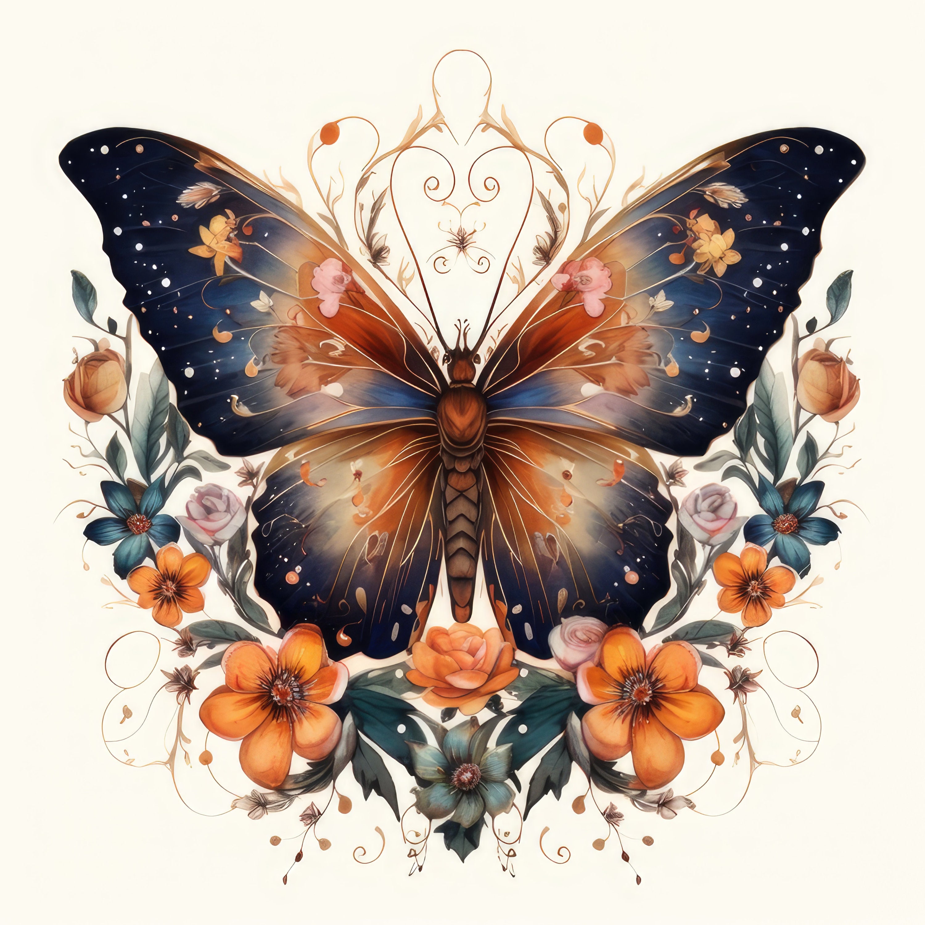 Watercolor Butterfly Flowers: Digital PNG JPG Images (commercial Use ...