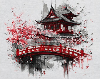 Clipart acquerello di un tempio giapponese: Pagoda dei fiori di ciliegio (arte digitale)
