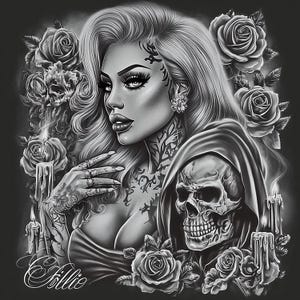 Attractive Woman Skull Chicano Art Clipart, 19 JPGs, Day of the Dead, Chola Chicana