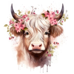Highland Kuh und Blumen Clipart, 12 Hochwertige JPGs, 300 DPI Digitaldrucke | Digitaler Download, Wandkunst, Tassen, Scrapbook, Kommerzielle Nutzung