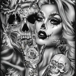 Donna con teschio Chicano Art Clipart - 10 immagini di alta qualità, Arte messicana - Download digitale - Creazione di carte, Clip Art, Mestiere di carta digitale