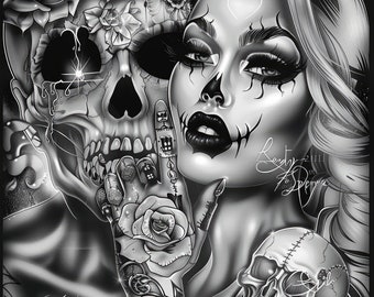 Woman with Skull Chicano Art Clipart - 10 High Quality Images, Mexican Art - Digital Download - Card Making, Clip Art, Digital Paper Craft