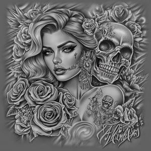 Attraktive Frau Schädel Chicano Art Clipart, 15 hochwertige JPGs, mexikanischer Tag der Toten, Chola Chicana Kartenherstellung, Clip Art