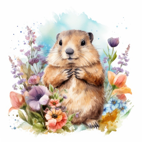 Groundhog with Flowers Clipart - 14 High Quality JPGs - Digital Download - Card Making, Mixed Media, Digital Paper Craft 300 DPI Watercolor