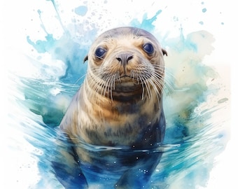 Sea Lion in Ocean Clipart - 12 High Quality Images, 300 DPI Digital Download - Card Making, Mixed Media, Digital Art JPGs