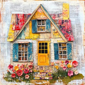 Images d'art imprimables maisons fantaisistes, clipart en téléchargement numérique, maison de ferme technique mixte papier numérique original | Création de cartes artistiques pour journal indésirable