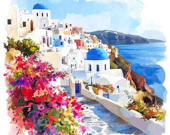 サントリーニ島 水彩画 ギリシャ オリジナル絵画 オーダーメイド 旅行