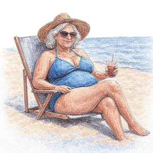 Digitale kunstcollectie Beach Serenity, 13 hoge resolutie JPG's, oudere vrouw in badpak ontspannen op strandstoel met tropisch drankje